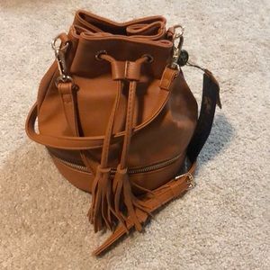 Camel Drawstring Bucket Bag, Convertible Straps